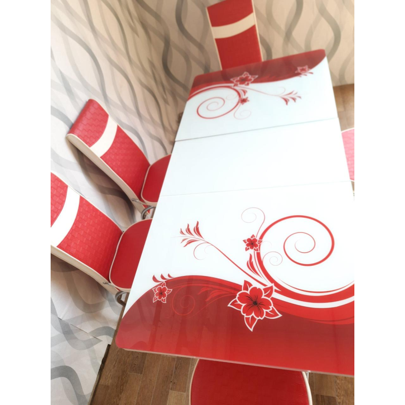 Стіл обідній кухонний і 6 стільців Калене скло Туреччина (130*80 см вставка 40 см)