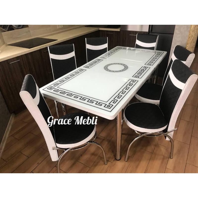 Стіл обідній розкладний і 6 стільців Калене скло Туреччина
