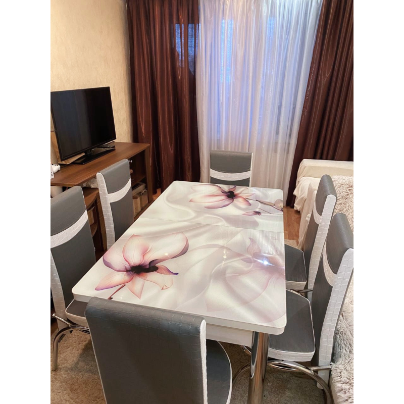 Кухонний стіл + 6 стільців. Гартоване скло. Розмір стола 130*80 см + 40 см ТУРЦІЯ