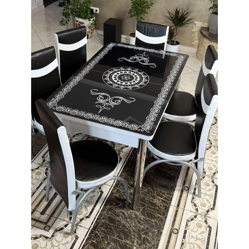 Обідній комплект. Скляний розсувний стіл І 6 Стільців Туреччина з 3 d ефектом.