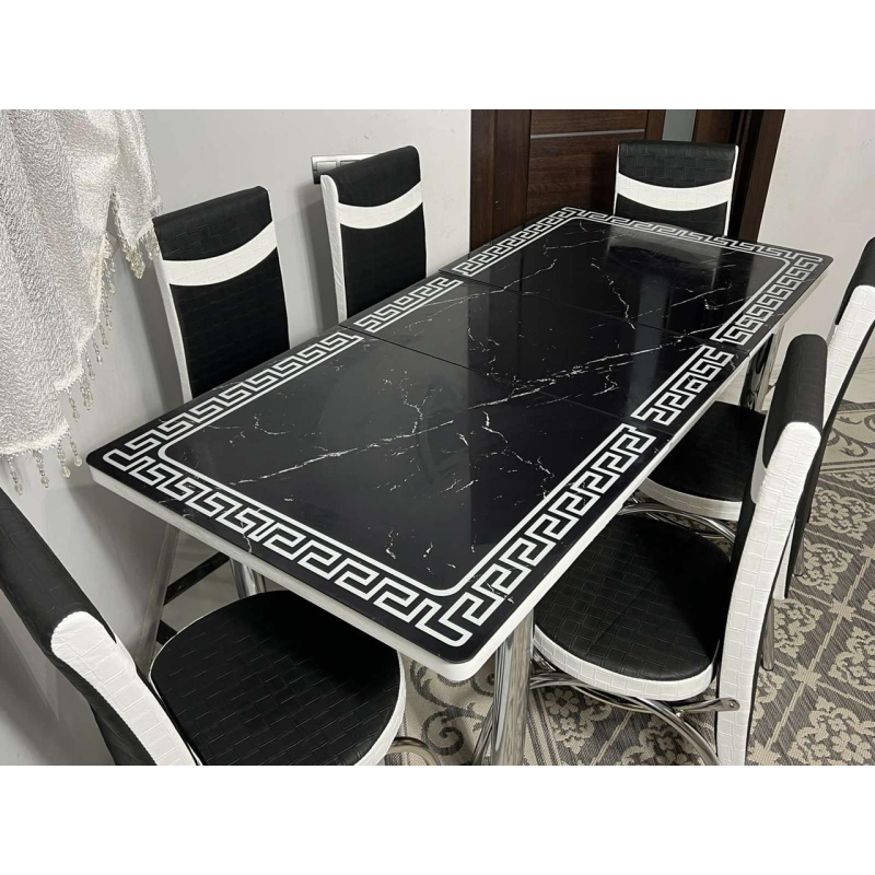 Обідній комплект. Скляний розсувний стіл І 6 Стільців Туреччина з 3 d ефектом.