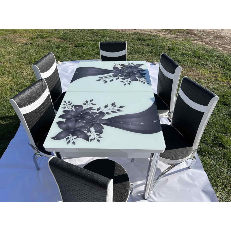 Кухонний стіл + 6 стільців. Гартоване скло. Розмір стола 130*80 см + 40 см ТУРЦІЯ