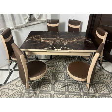 Кухонний стіл + 6 стільців Калене скло. Розмір стола 130*80 см + 40 см, стільці коричневі