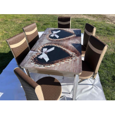 Обідній комплект стіл і 6 стільців 3D малюнок.  Гартоване скло. Розкладний стіл.