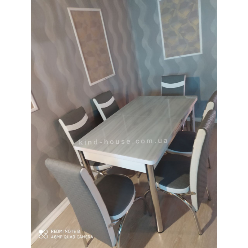 Обідній комплект стіл і 6 стільців 3D. Каленяне скло. Розкладний стіл.