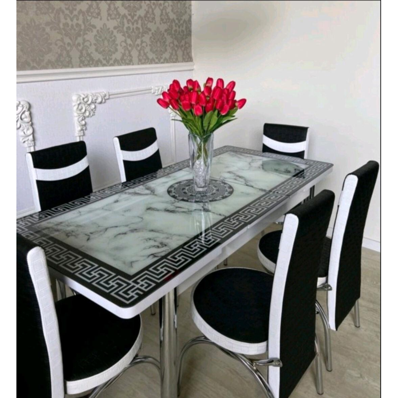 Стіл і 6 стільців. Обідній комплект. Скляний Розсувний стіл І 6 Стільців Туреччина