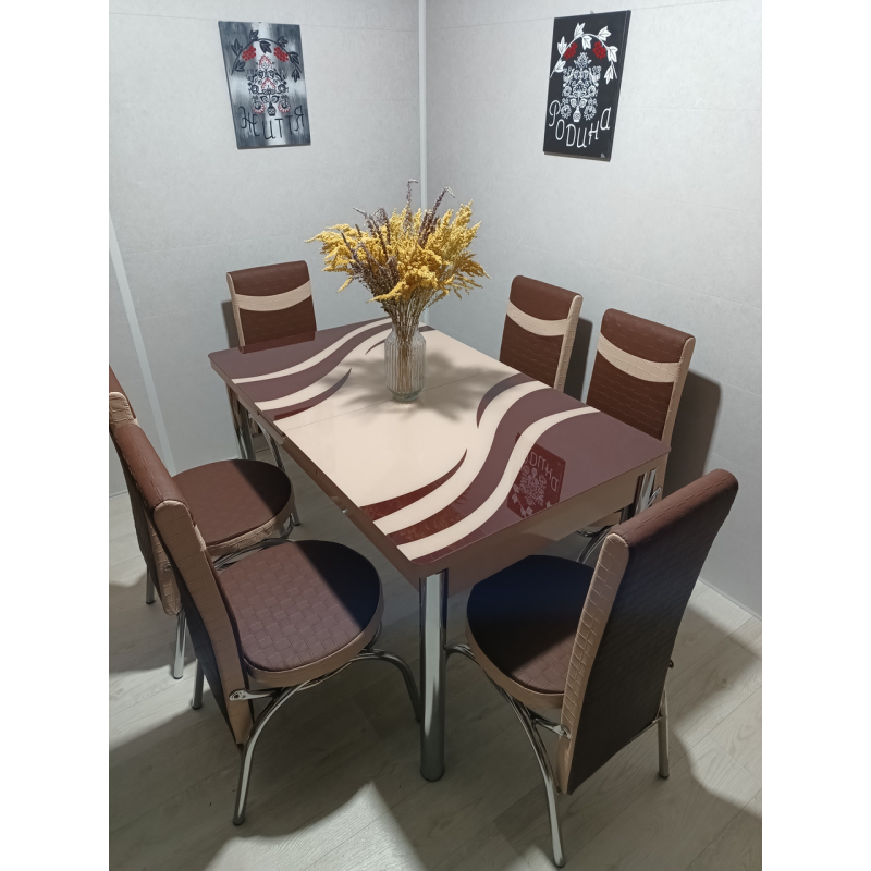 Обідній комплект стіл і 6 стільців 3D малюнок. Гартоване скло. Розкладний стіл