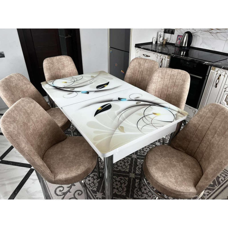 Розпродаж! Обідній Комплект розкладний стіл зі скла та 6 стільців Металевий каркас Туреччина