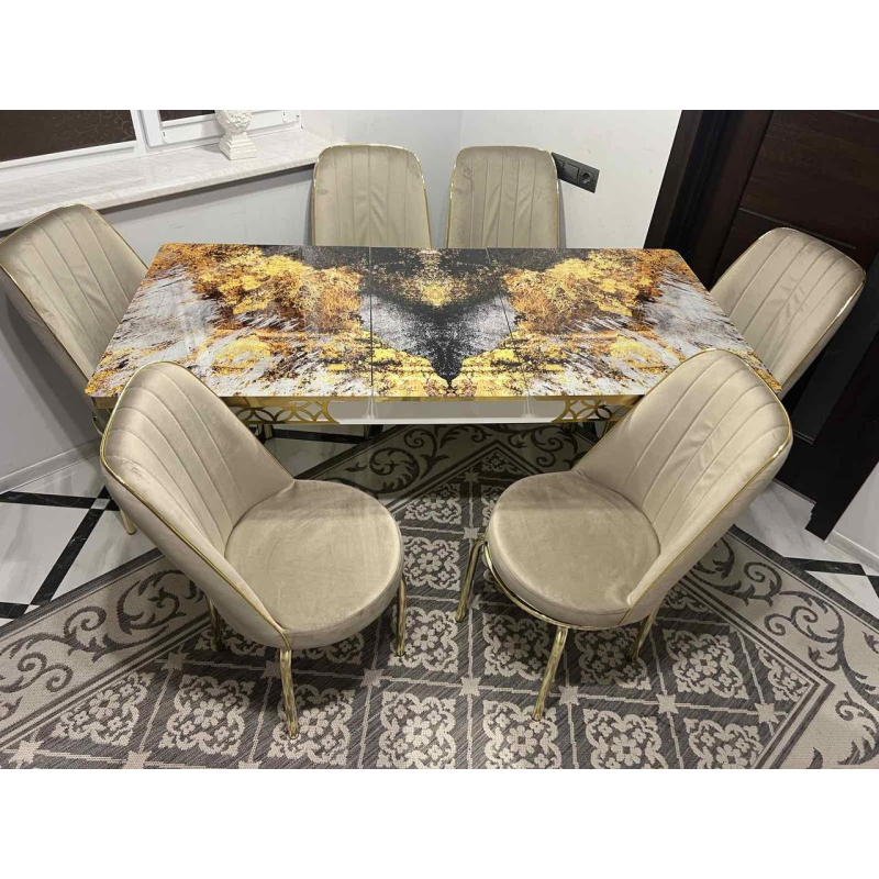 Розпродаж! Обідній Комплект розкладний стіл зі скла та 6 стільців Металевий каркас Туреччина