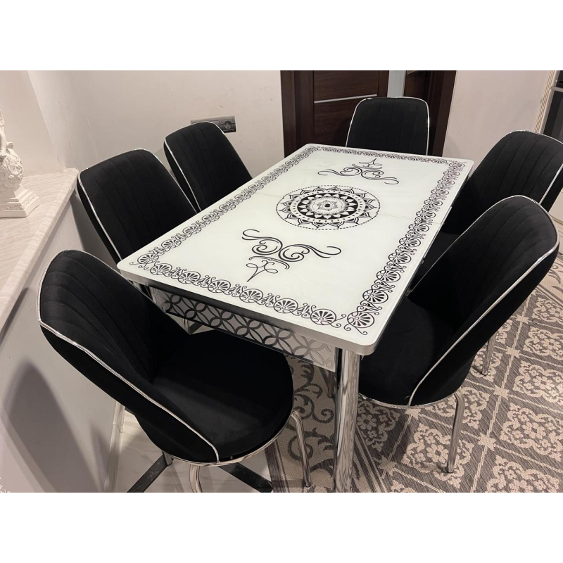 Розпродаж! Обідній Комплект розкладний стіл зі скла та 6 стільців Металевий каркас Туреччина