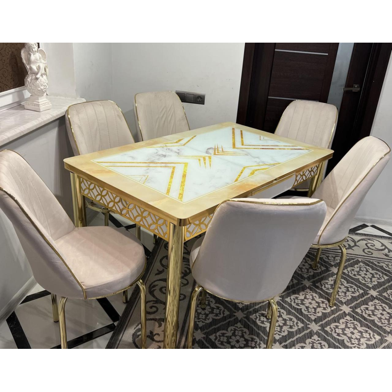 Розпродаж! Обідній Комплект розкладний стіл зі скла та 6 стільців Металевий каркас Туреччина